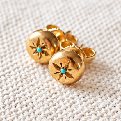 Antique Victorian 14k Yellow Gold Starburst Seed Turquoise Stud Earrings
