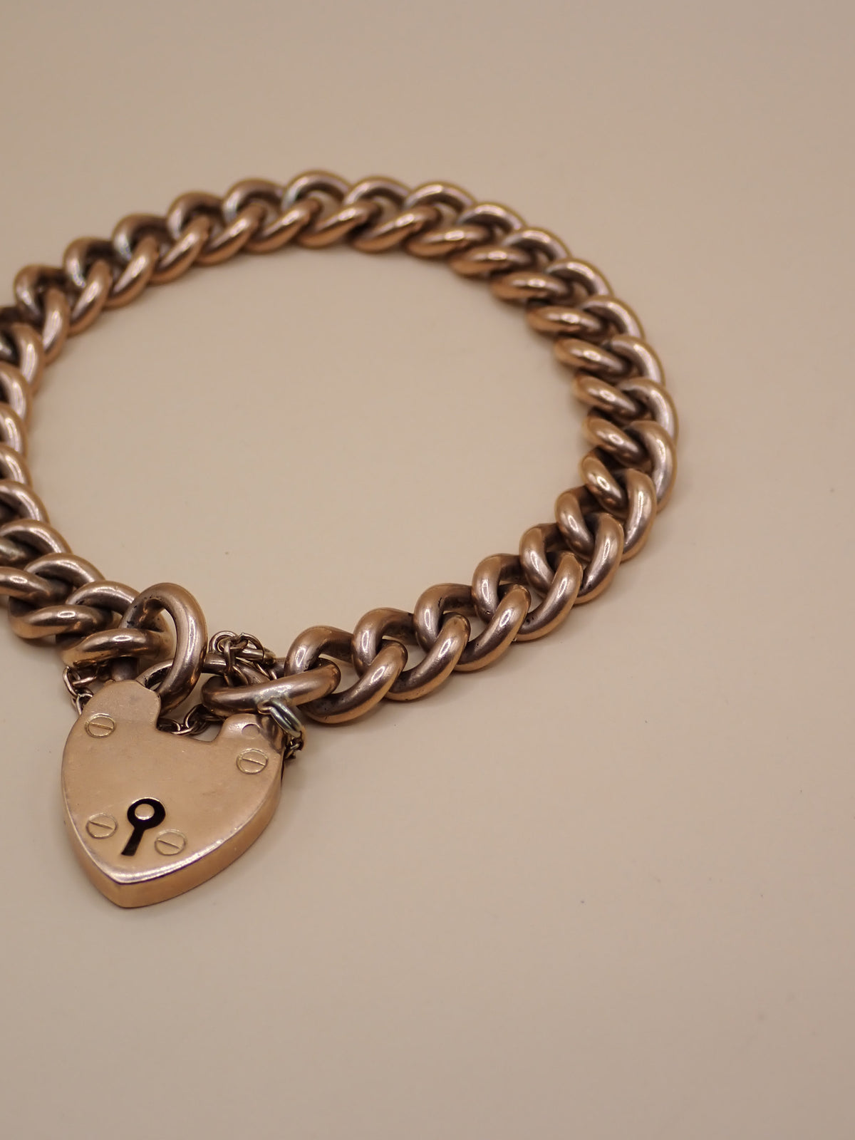 Antique Edwardian 1906 Fully Hallmarked 9k Rose Gold Heart Padlock Curb Bracelet 37.7grams