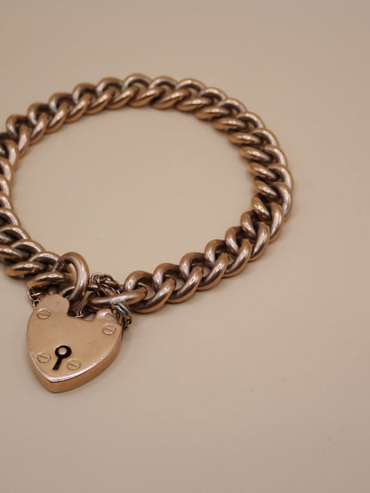 Antique Edwardian 1906 Fully Hallmarked 9k Rose Gold Heart Padlock Curb Bracelet 37.7grams