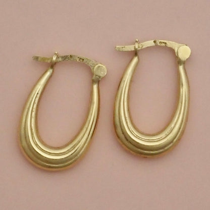 PreLoved Solid 14K Yellow Gold Ribbed "Tear-Drop" Oval Hoop Earrings