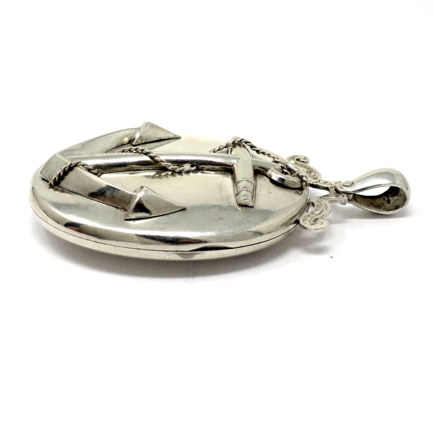 Antique Victorian Sterling Silver Anchor Oval Locket Pendant