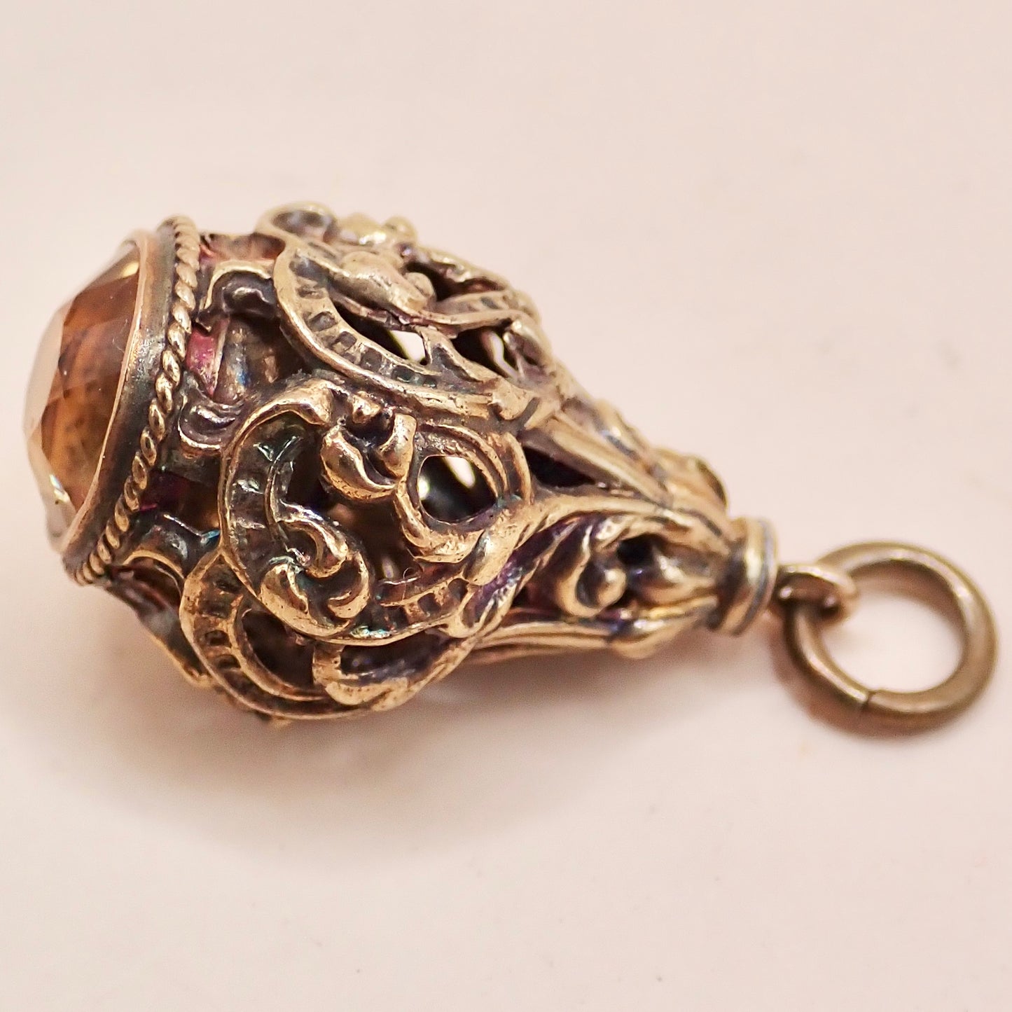 Rare Victorian 14K Gold "Lantern" Filigree Cage Charm with Honey Citrine