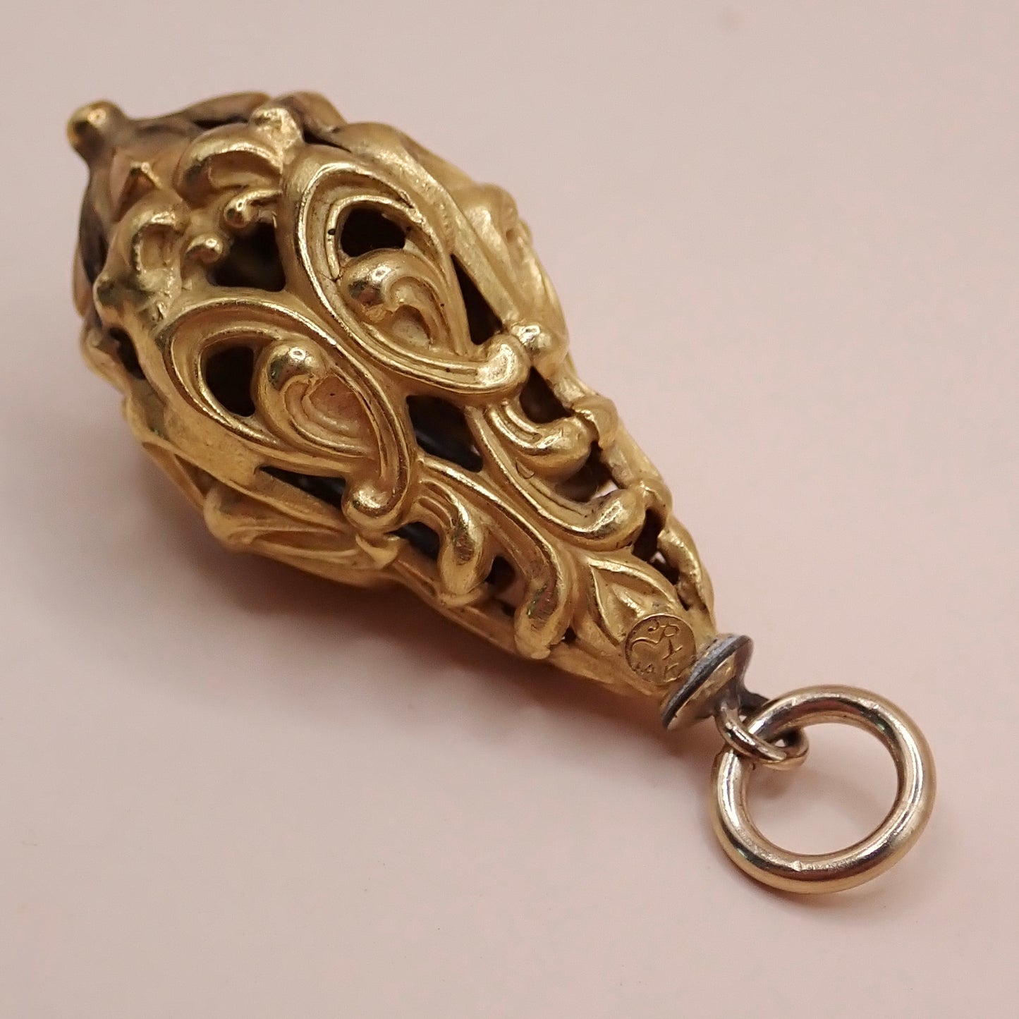 Mid-Century Solid 14K Yellow Gold Victorian Revival Filigree Lantern Cage Pendant