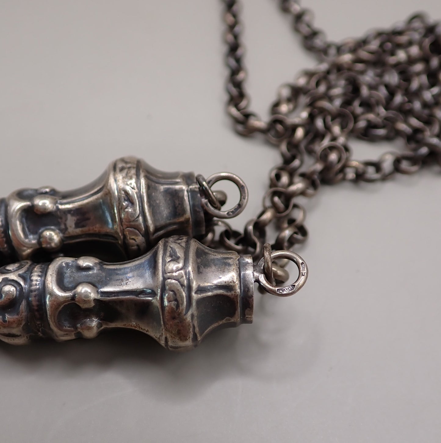 Antique Dutch 835 Silver Jasseron Chain with Ornate Needle Cap Pendants