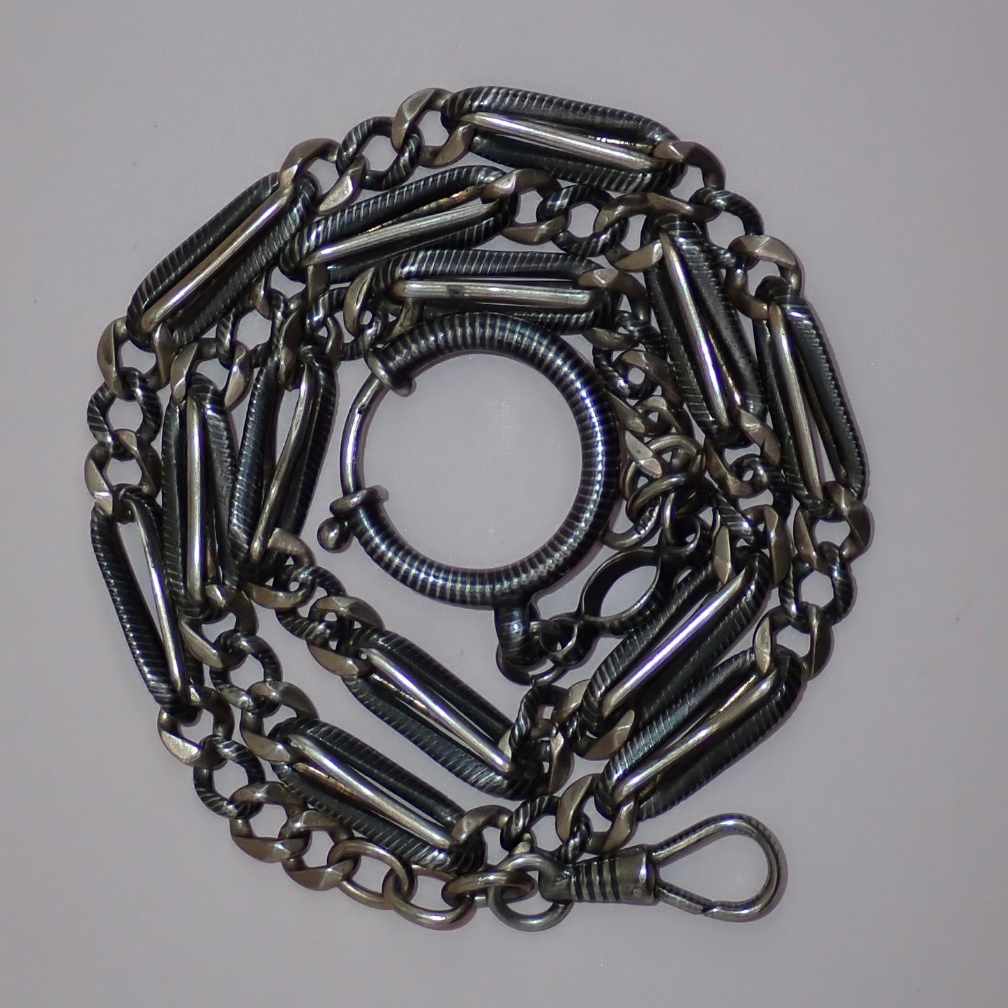 Antique Victorian 800 Silver Niello & Rose Gold Vermeil Pocket Watch Chain Necklace MB75
