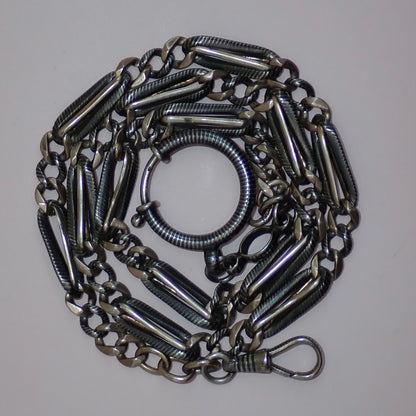 Antique Victorian 800 Silver Niello & Rose Gold Vermeil Pocket Watch Chain Necklace MB75
