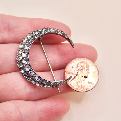 Antique Victorian 835 Silver "Paste Diamond" Crescent Moon Pin Brooch