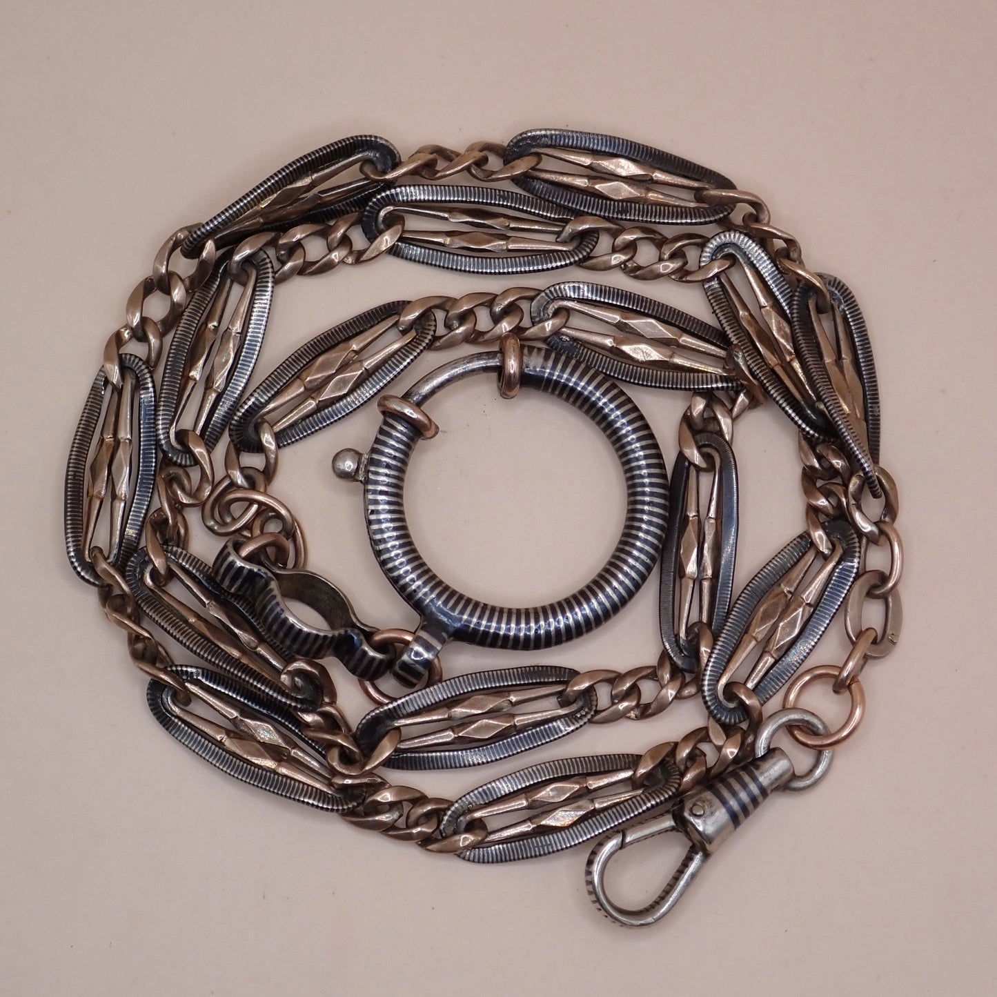 Antique Victorian .800 Silver & 9K Rose Gold Vermeil Niello Trombone Link Necklace MB66