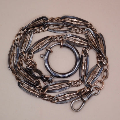 Antique Victorian .800 Silver & 9K Rose Gold Vermeil Niello Trombone Link Necklace MB66