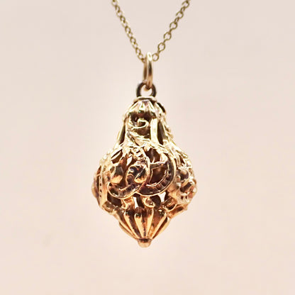 Antique Victorian Revival 14K Yellow Gold Filigree Lantern Cage Pendant