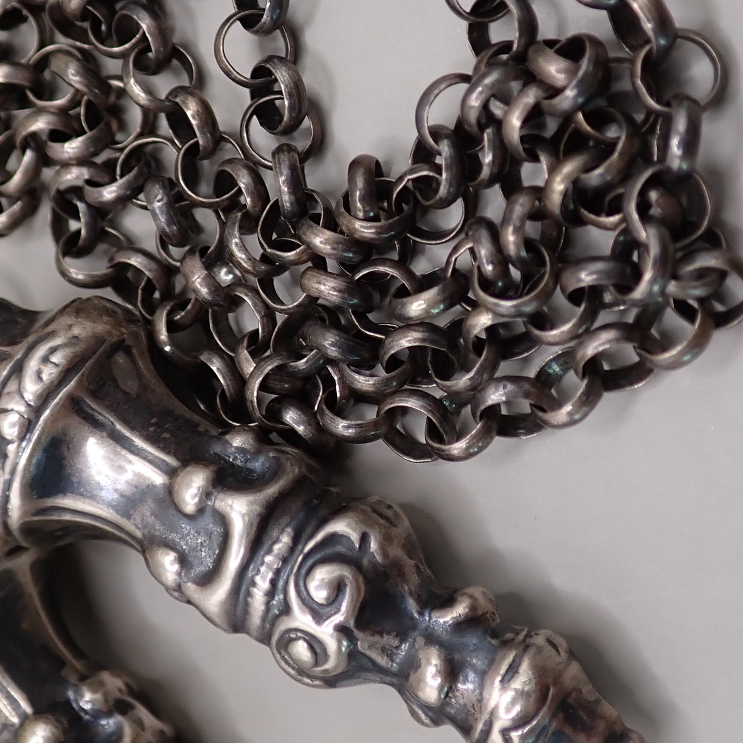 Antique Dutch 835 Silver Jasseron Chain with Ornate Needle Cap Pendants