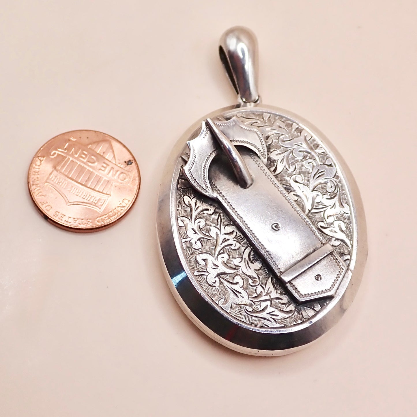 Antique 1879 Sterling Silver Victorian "Belt Buckle& Snowdrop" Locket Pendant