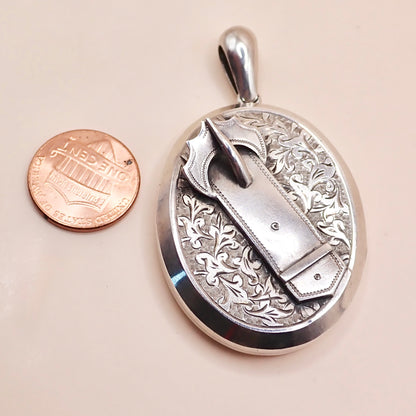Antique 1879 Sterling Silver Victorian "Belt Buckle& Snowdrop" Locket Pendant