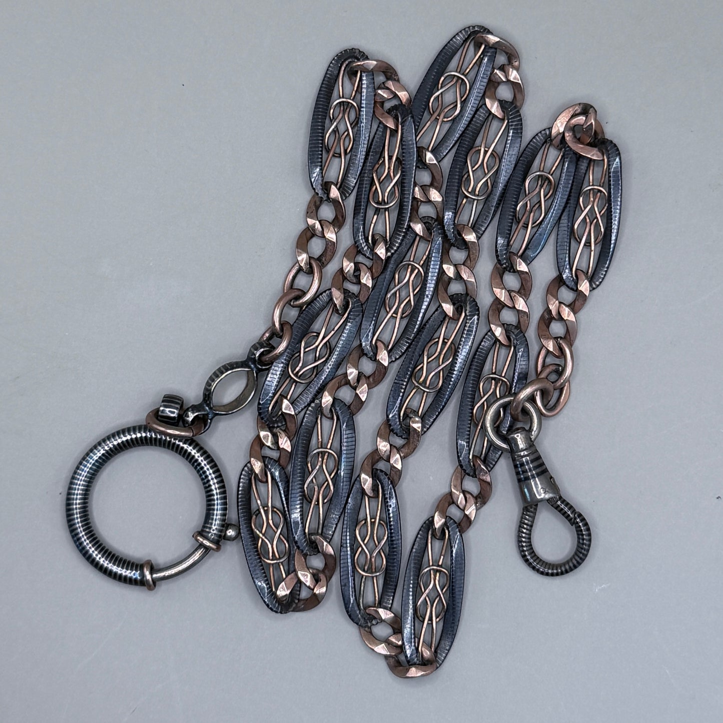 Antique Victorian "Lover's Knot" Open-Work 800 Niello & Rose Gold Vermeil Pocket Wactch Chain, 19-1/8” inches MBP2