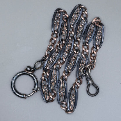 Antique Victorian "Lover's Knot" Open-Work 800 Niello & Rose Gold Vermeil Pocket Wactch Chain, 19-1/8” inches MBP2