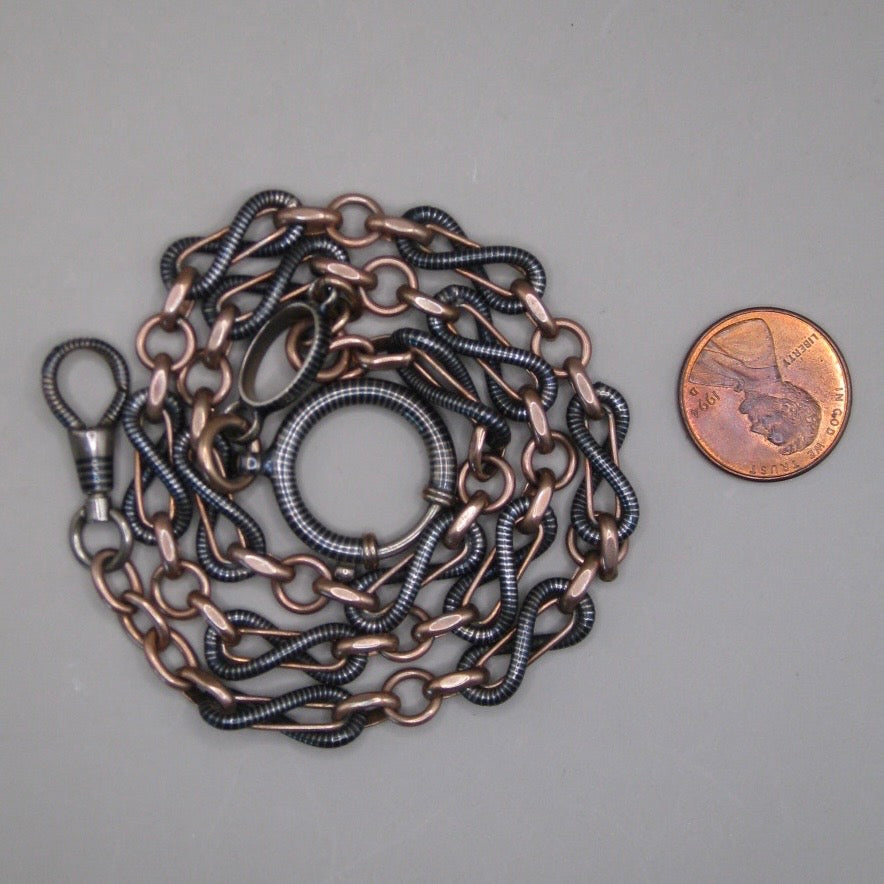 Antique Victorian 800 Silver Niello & 12k Rose Gold Vermeil Pocket Wactch Chain, 18-1/8”inches MBP1
