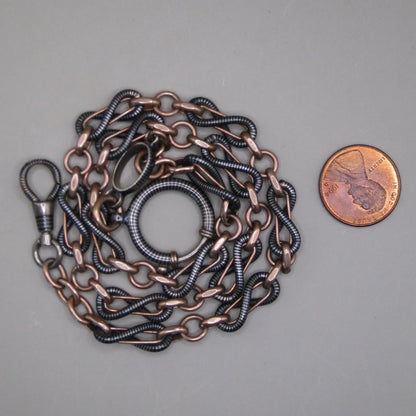 Antique Victorian 800 Silver Niello & 12k Rose Gold Vermeil Pocket Wactch Chain, 18-1/8”inches MBP1