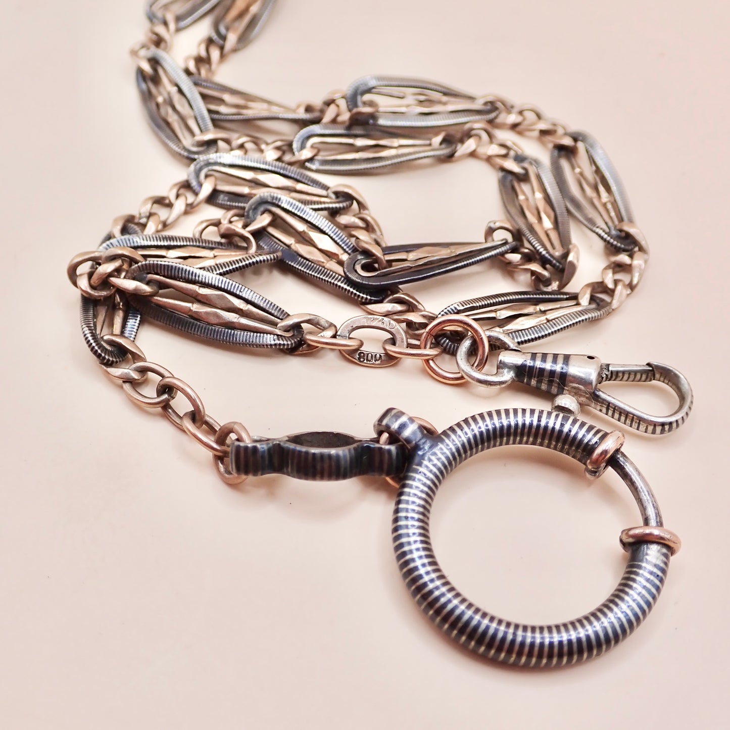 Antique Victorian .800 Silver & 9K Rose Gold Vermeil Niello Trombone Link Necklace MB66