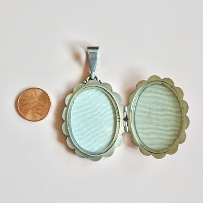 1881 Antique Victorian Birmingham Tricolor Sterling Silver Scalloped Flower Locket Pendant