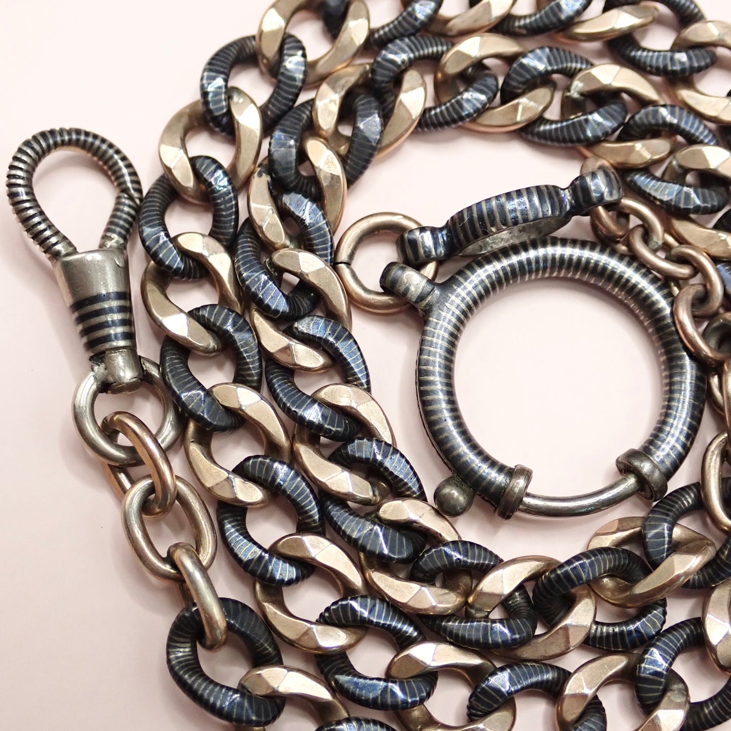 Antique Victorian 800 Niello Silver & 12k Rose Gold Watch Chain Necklace, 18.5"inches MBP5