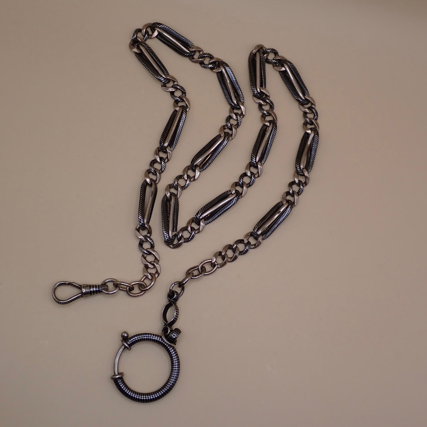 Antique Victorian 800 Silver Niello & Rose Gold Vermeil Pocket Watch Chain Necklace MB75