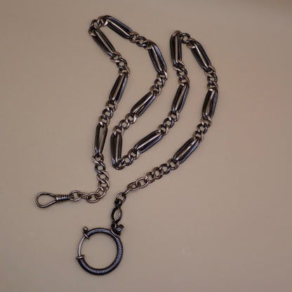 Antique Victorian 800 Silver Niello & Rose Gold Vermeil Pocket Watch Chain Necklace MB75