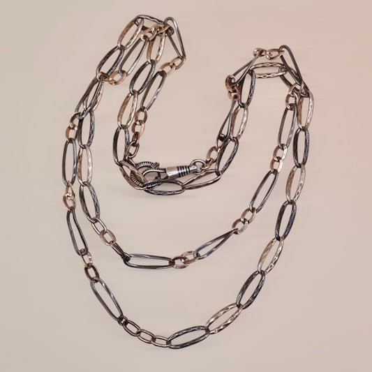 Converted Opera Length 32-Inch Victorian Niello Silver & Rose Gold Vermeil Chain Necklace MB76
