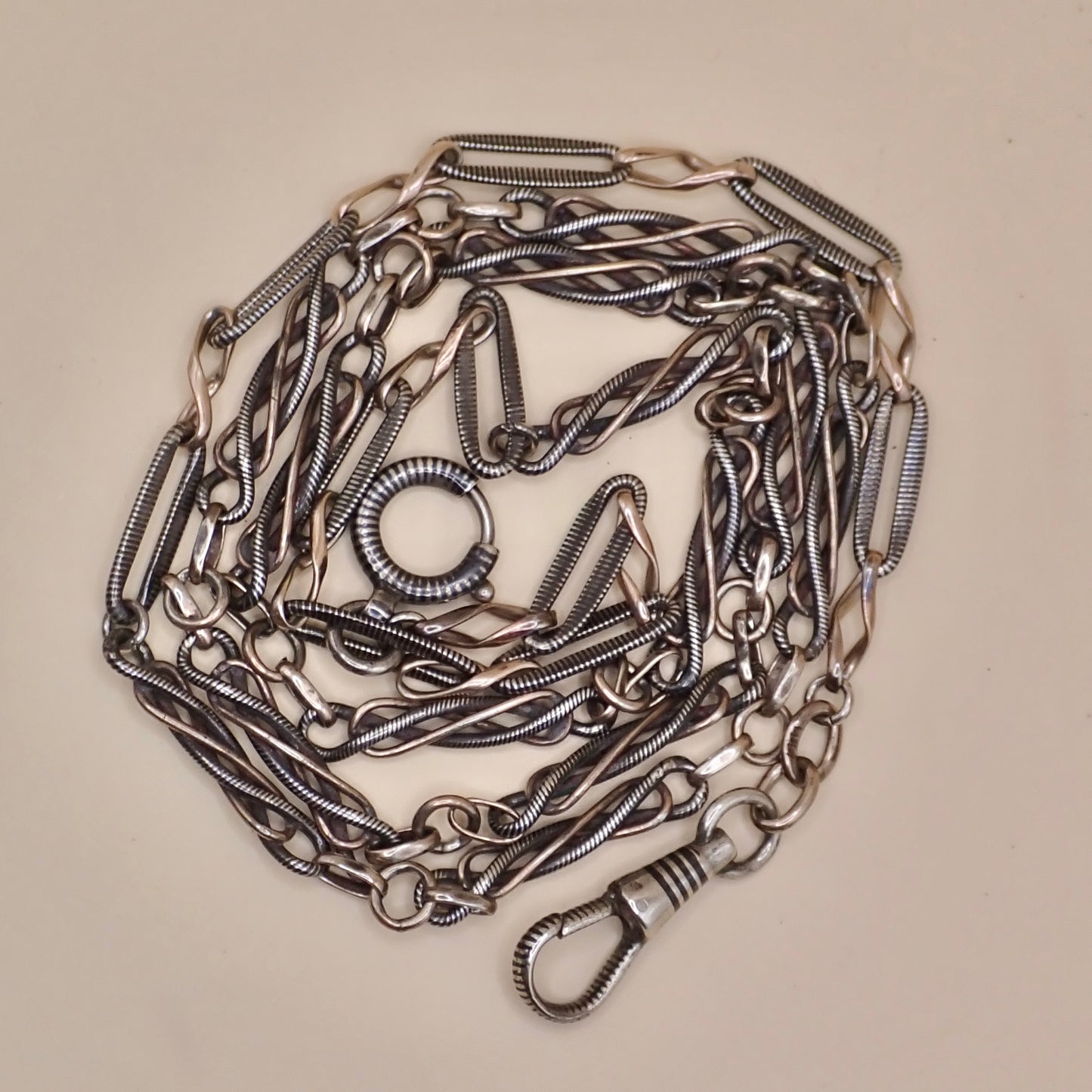 Converted Antique Victorian 800 Silver Niello & Rose Gold Vermeil Pocket Watch Chain Necklace MB74