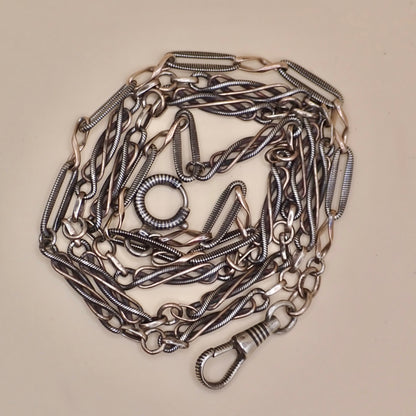 Converted Antique Victorian 800 Silver Niello & Rose Gold Vermeil Pocket Watch Chain Necklace MB74