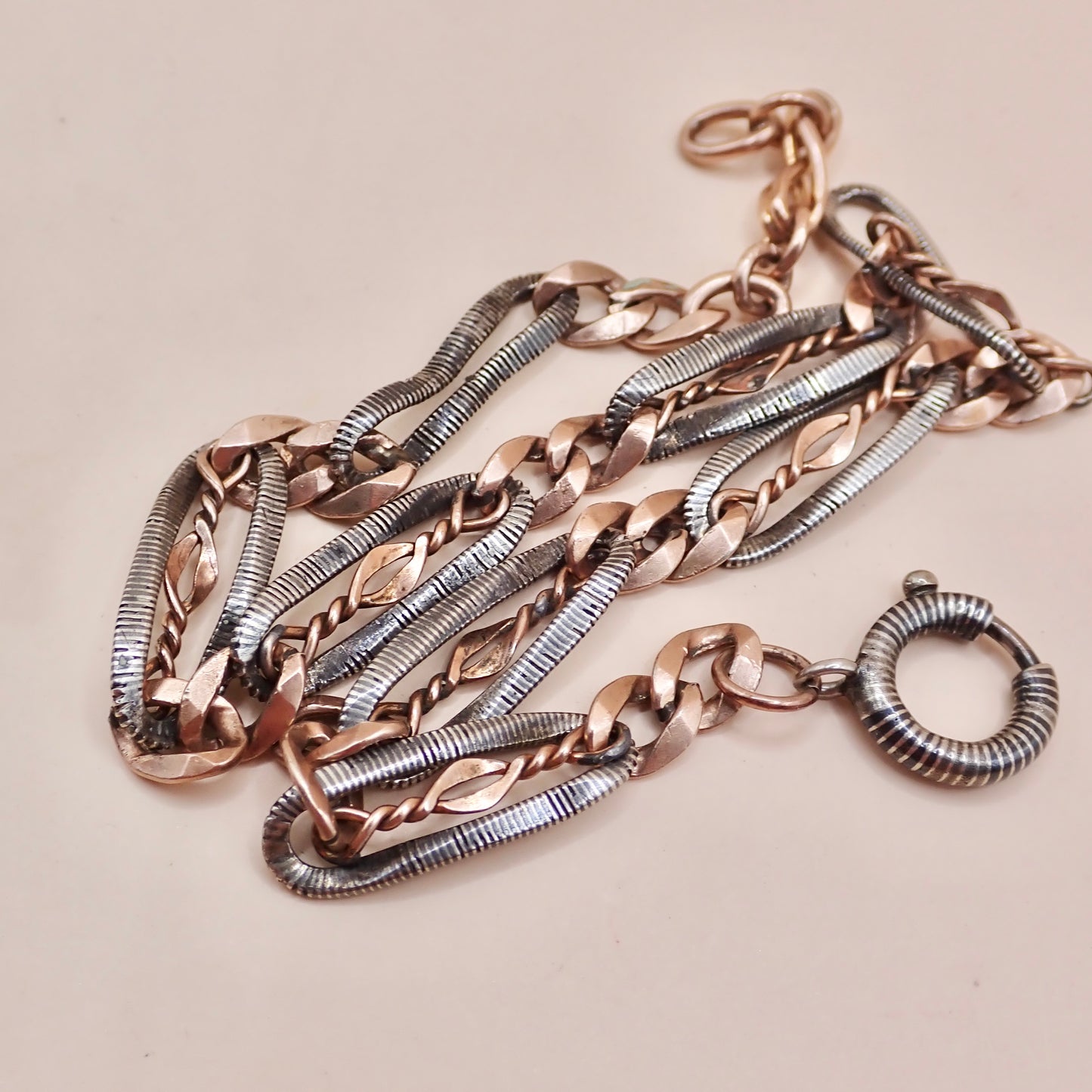 Antique Victorian Niello & 9k Rose Gold "Twisted Wire" Trombone Chain MB85