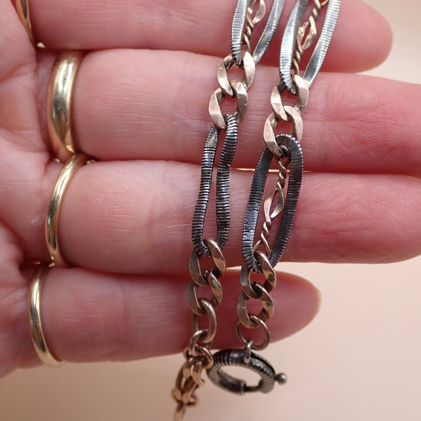 Antique Victorian Niello & 9k Rose Gold "Twisted Wire" Trombone Chain MB85