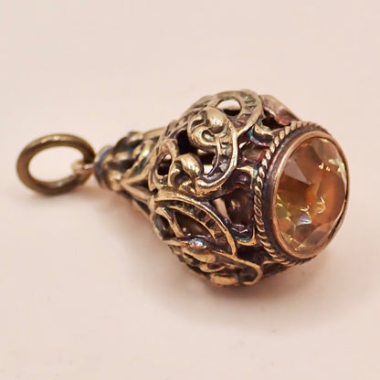Rare Victorian 14K Gold "Lantern" Filigree Cage Charm with Honey Citrine