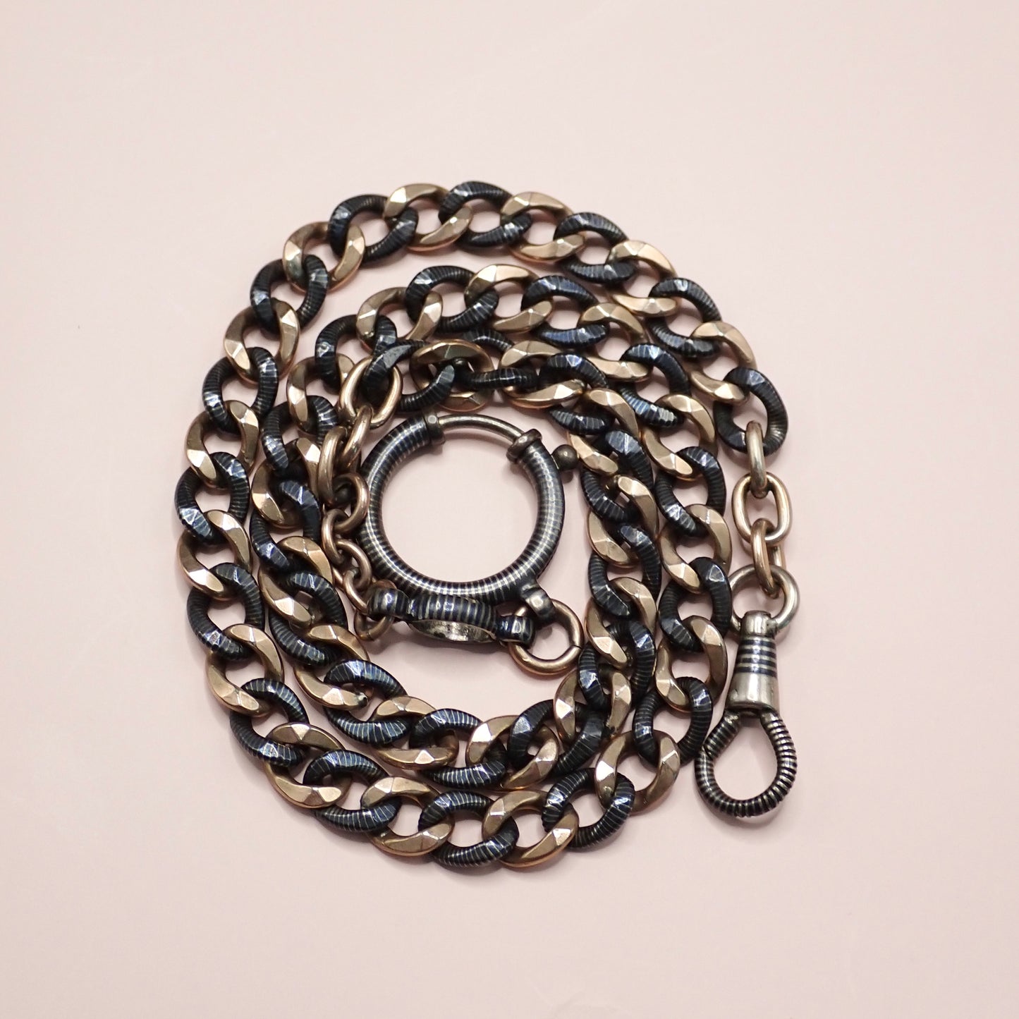 Antique Victorian 800 Niello Silver & 12k Rose Gold Watch Chain Necklace, 18.5"inches MBP5