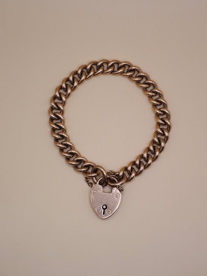 Antique Edwardian 1906 Fully Hallmarked 9k Rose Gold Heart Padlock Curb Bracelet 37.7grams