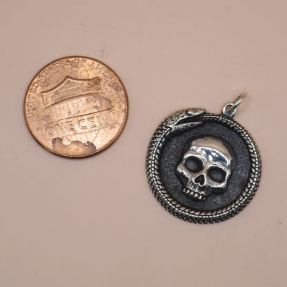 Solid 925 Sterling Silver Ouroboros Snake with Skull Pendant, 27x21mm