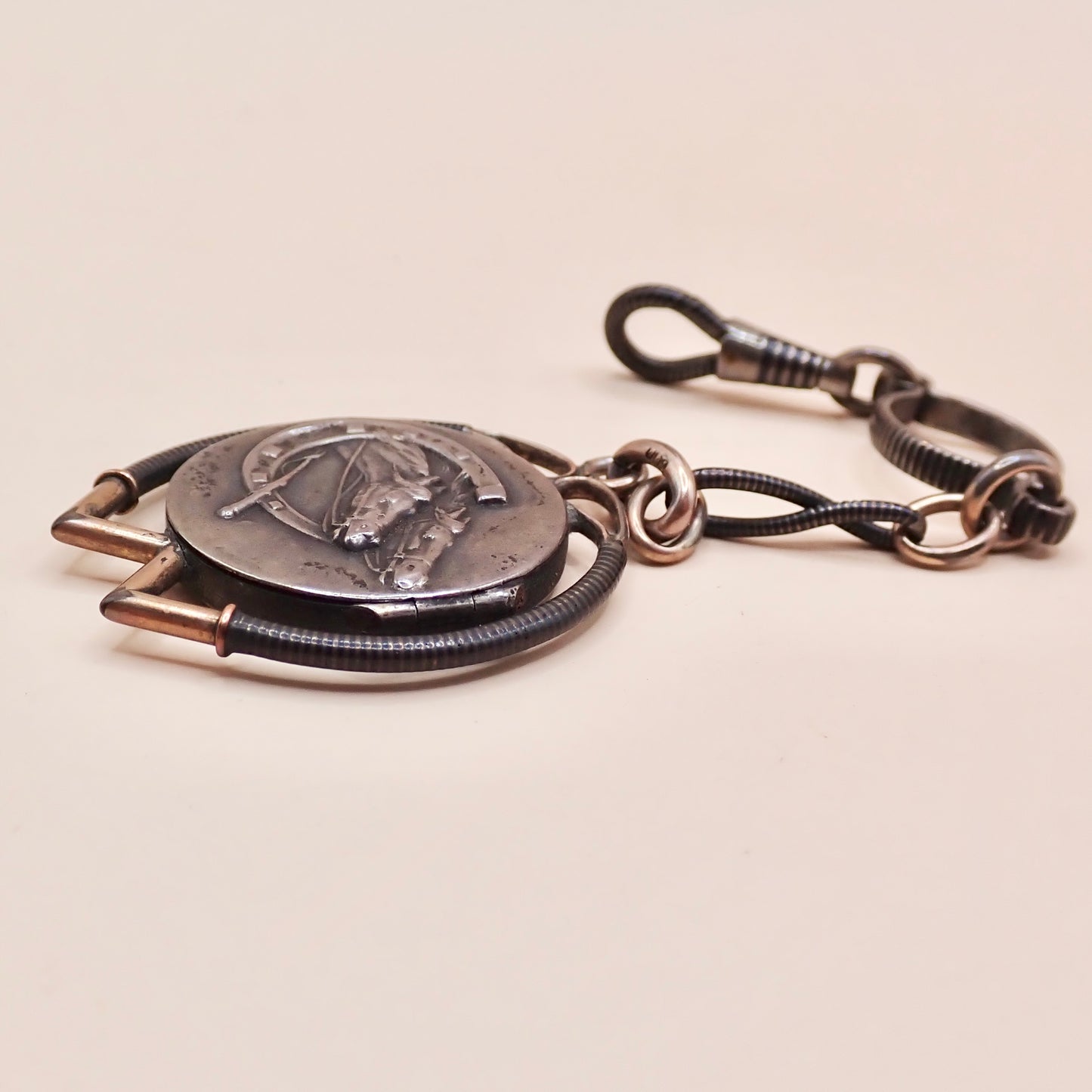 Antique Victorian .800 Silver & 12K Rose Gold Niello Equestrian "Short Drop" Fob Pendant MBP9