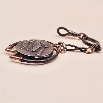 Antique Victorian .800 Silver & 12K Rose Gold Niello Equestrian "Short Drop" Fob Pendant MBP9