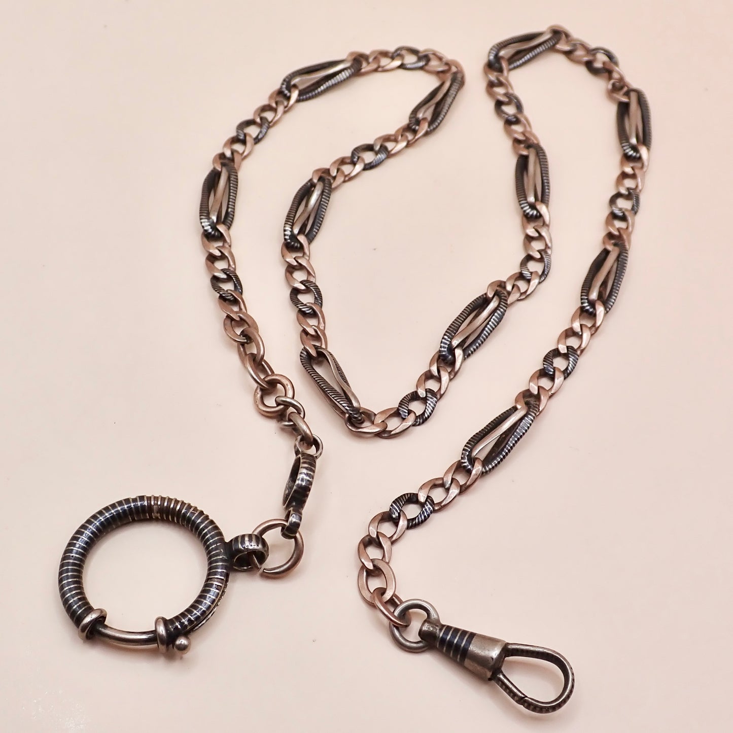 Antique Victorian Niello Silver & 9k Rose Gold Vermeil Pocket Watch Chain Necklace MB72