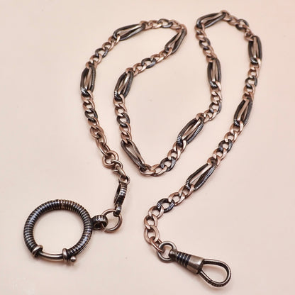 Antique Victorian Niello Silver & 9k Rose Gold Vermeil Pocket Watch Chain Necklace MB72