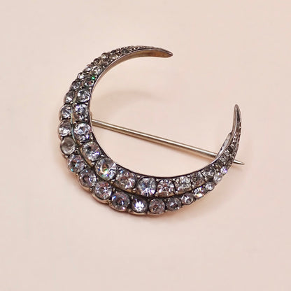 Antique Victorian 835 Silver "Paste Diamond" Crescent Moon Pin Brooch