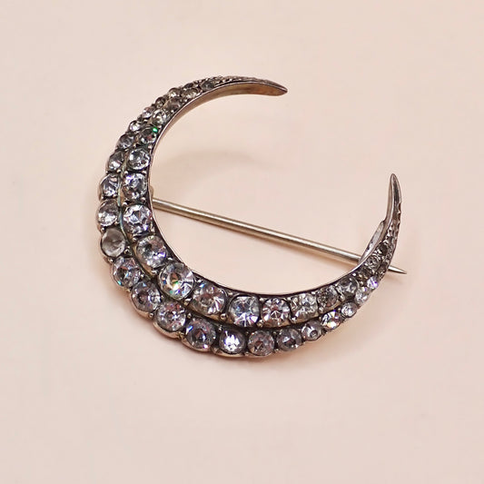 Antique Victorian 835 Silver "Paste Diamond" Crescent Moon Pin Brooch