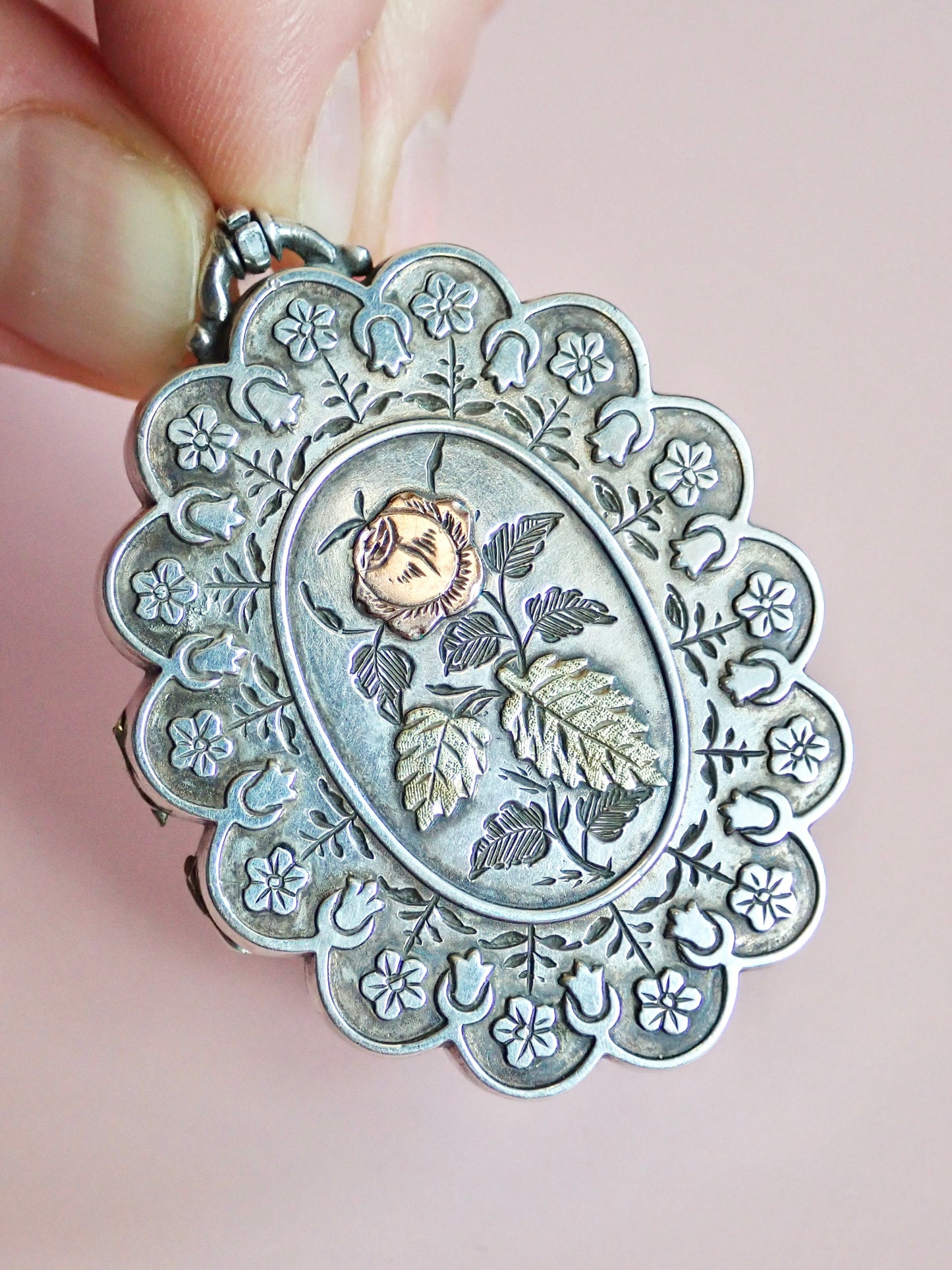 1881 Antique Victorian Birmingham Tricolor Sterling Silver Scalloped Flower Locket Pendant