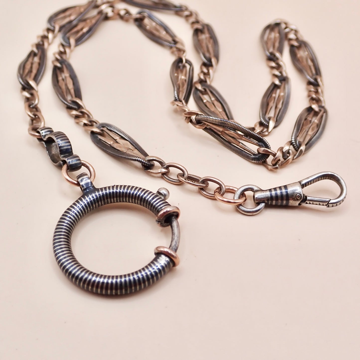 Antique Victorian .800 Silver & 9K Rose Gold Vermeil Niello Trombone Link Necklace MB66