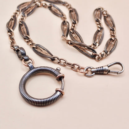 Antique Victorian .800 Silver & 9K Rose Gold Vermeil Niello Trombone Link Necklace MB66