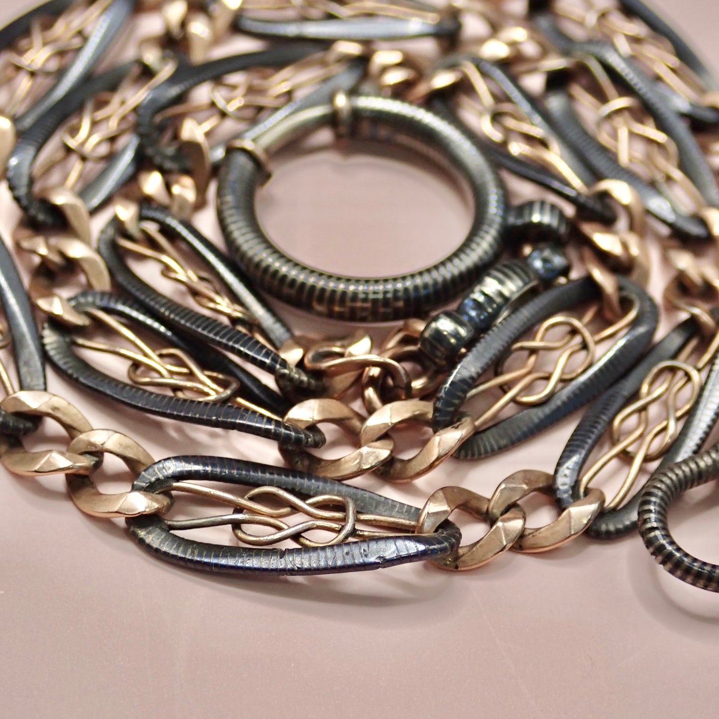 Antique Victorian "Lover's Knot" Open-Work 800 Niello & Rose Gold Vermeil Pocket Wactch Chain, 19-1/8” inches MBP2