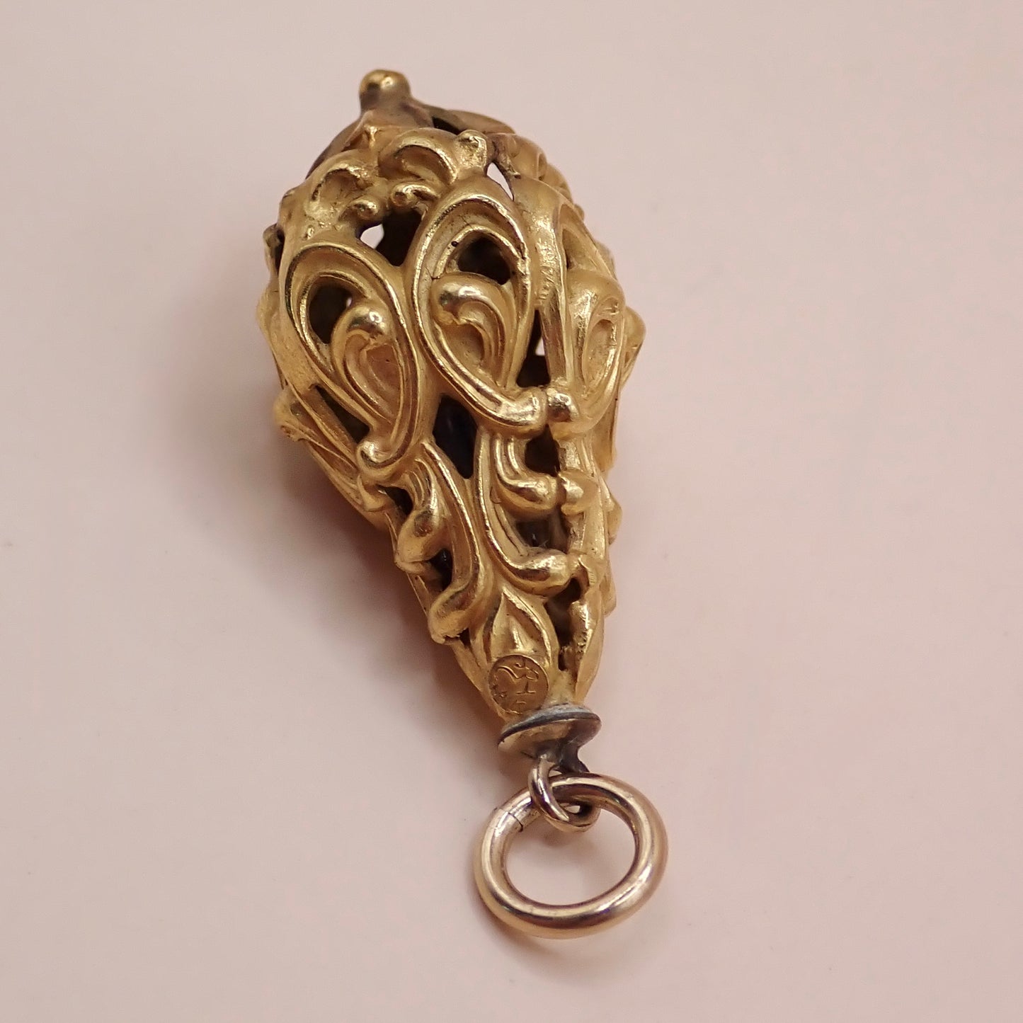 Mid-Century Solid 14K Yellow Gold Victorian Revival Filigree Lantern Cage Pendant