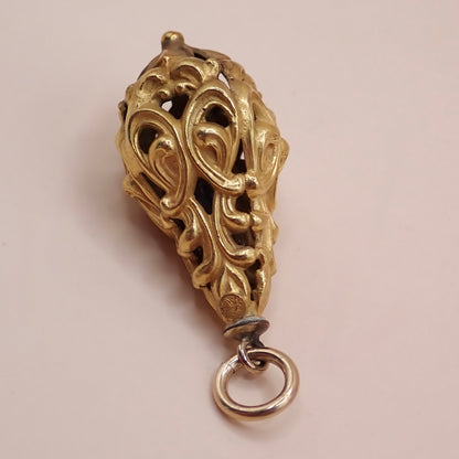 Mid-Century Solid 14K Yellow Gold Victorian Revival Filigree Lantern Cage Pendant