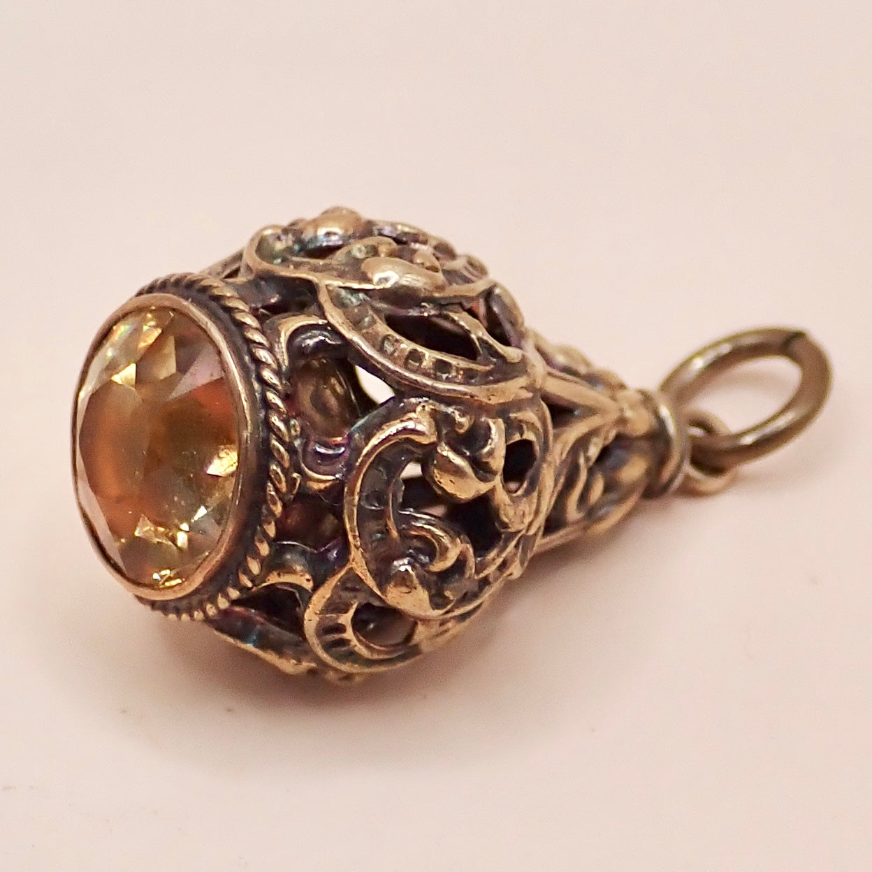 Rare Victorian 14K Gold "Lantern" Filigree Cage Charm with Honey Citrine