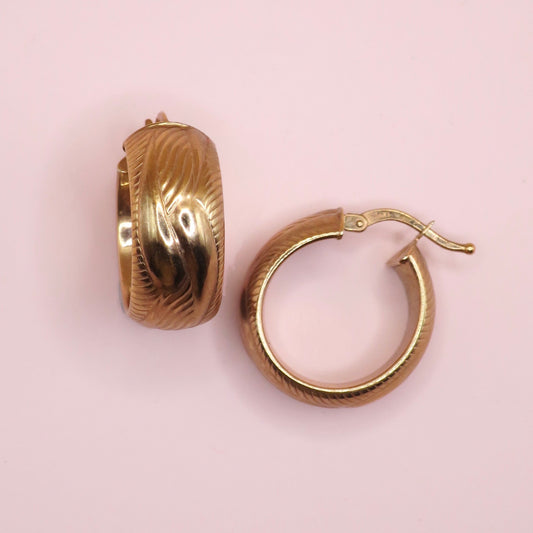 Vintage 14K Rose Gold Etched "Cigar" Hoop Earrings