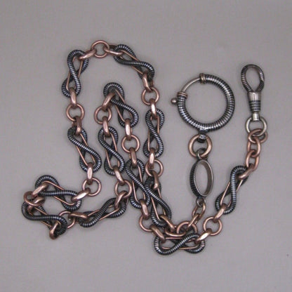Antique Victorian 800 Silver Niello & 12k Rose Gold Vermeil Pocket Wactch Chain, 18-1/8”inches MBP1